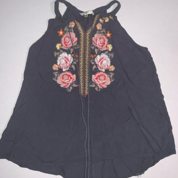 ANDREE by‎ UNIT Women Medium Floral Embroidered Navy Blue Tie Tank Top Shirt (K) - Picture 1 of 7